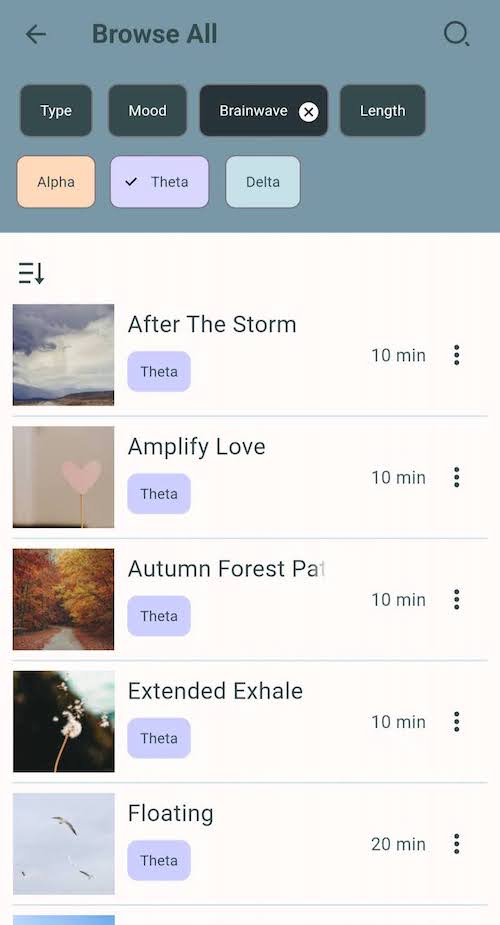 Screenshot of the Restful app with the Theta brain waves filter applied